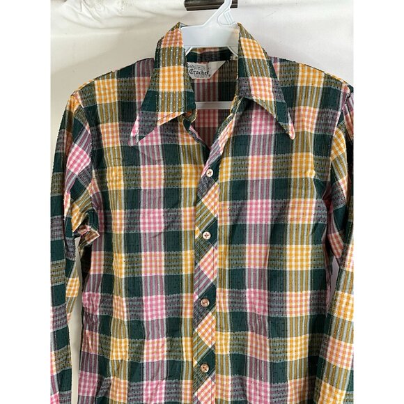 VTG 70s Cracker Barrel Rainbow Plaid Pointed Collar Button Shirt - Picture 6 of 8